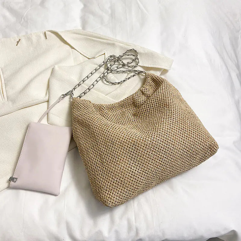 Versatile Straw Woven Chain Crossbody Bag
