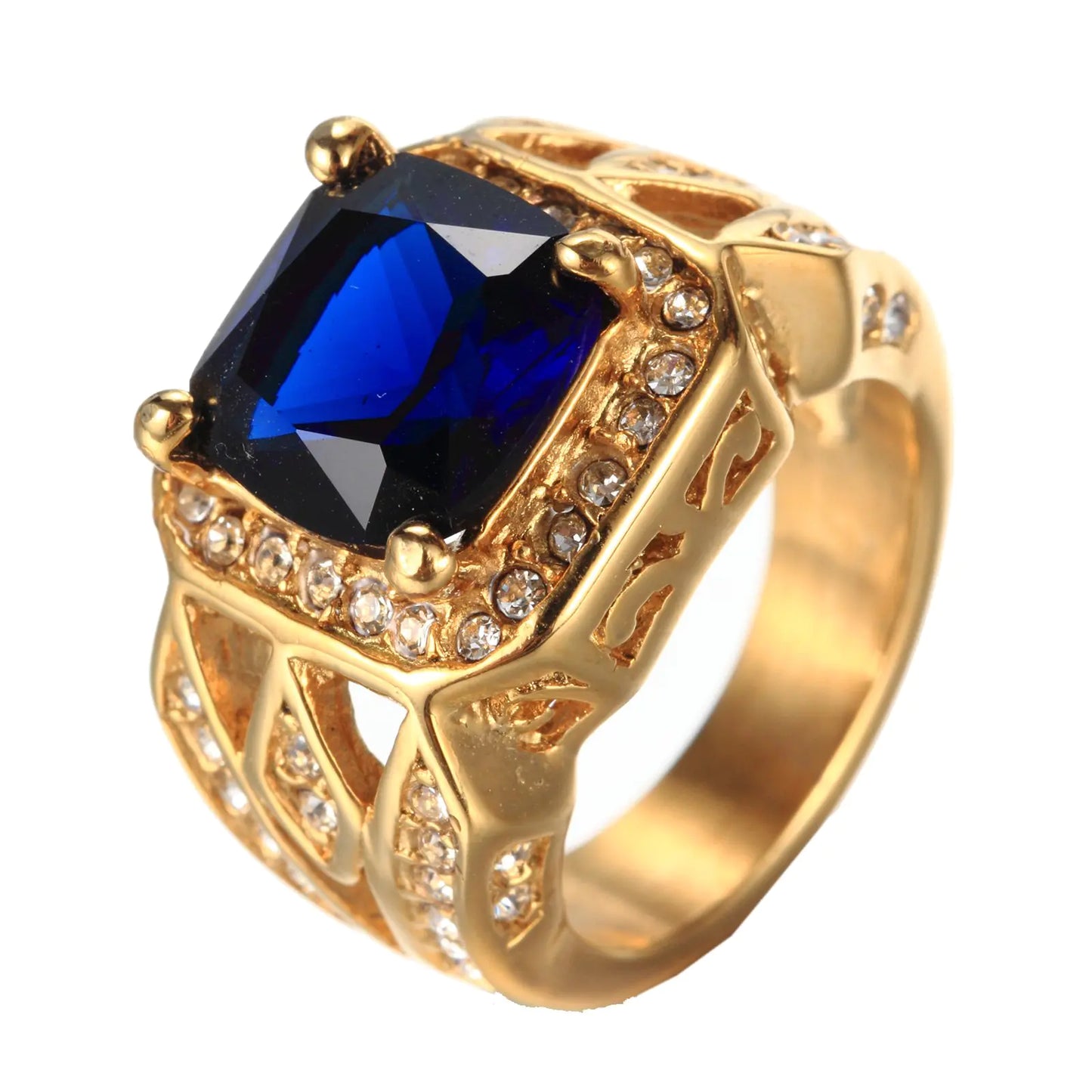PMTIER Mens Vintage Stainless Steel Cubic Zirconia Crystal Ring Gold Blue Size 8