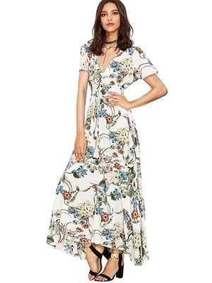 Boho Button Floral Maxi Dress – Summer Cotton Comfort