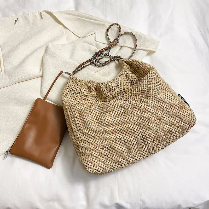 Versatile Straw Woven Chain Crossbody Bag