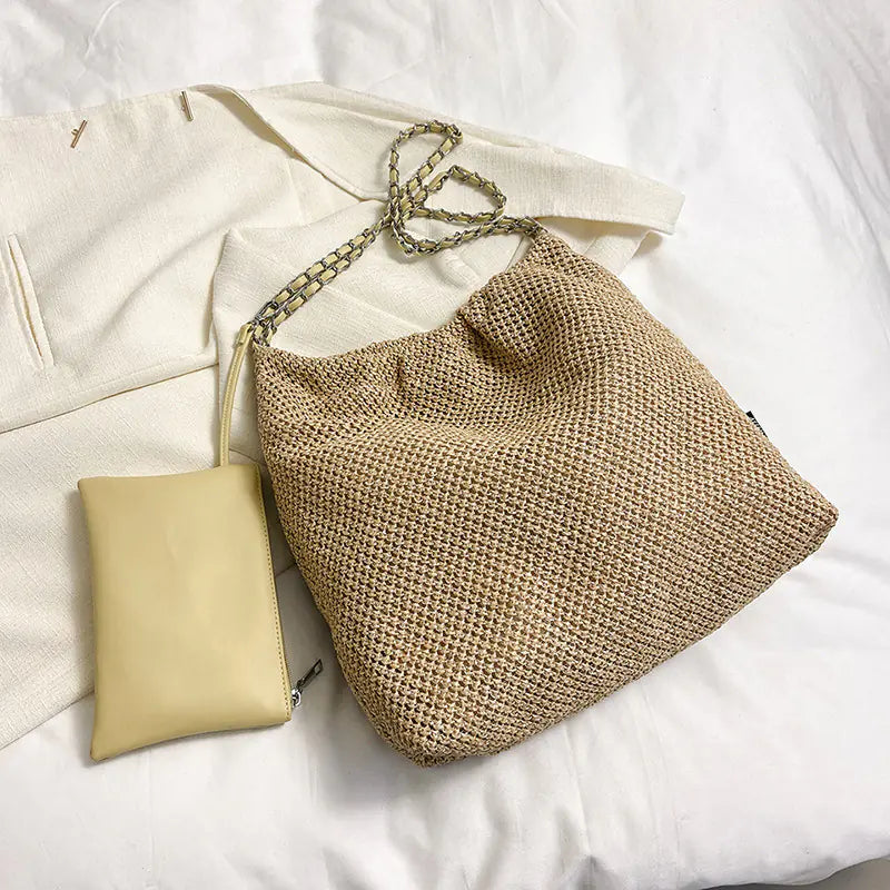 Versatile Straw Woven Chain Crossbody Bag