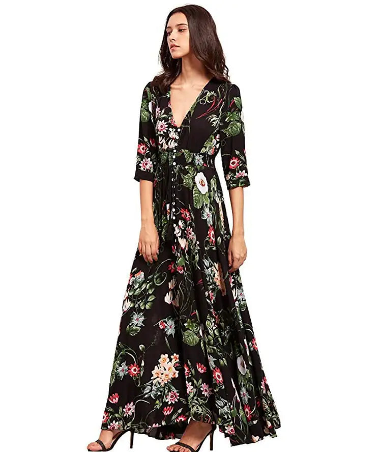 Boho Button Floral Maxi Dress – Summer Cotton Comfort