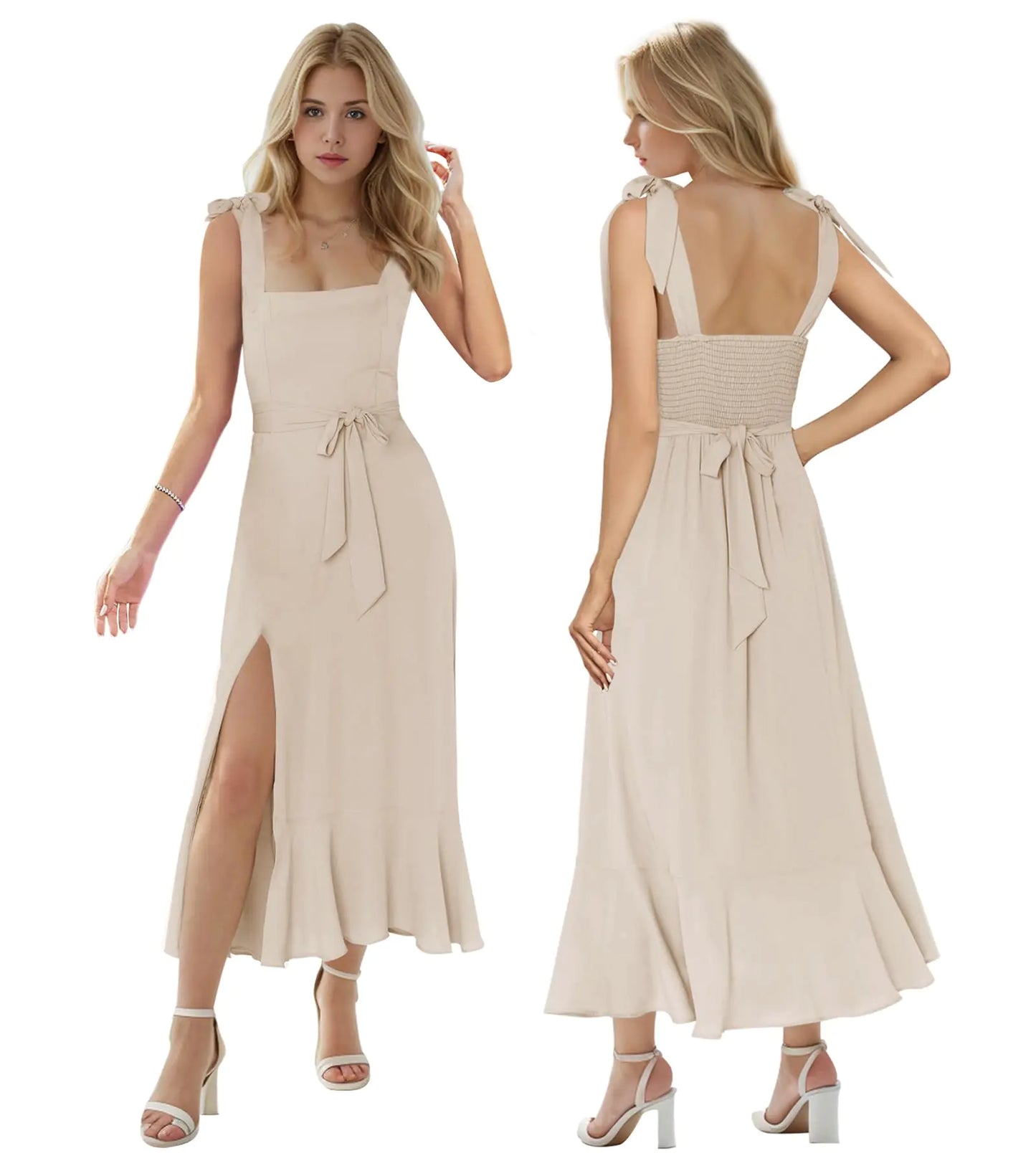 Champagne Slit Ruffle Midi Dress – Elegant Summer & Graduation Look