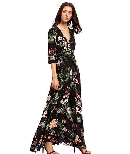 Boho Button Floral Maxi Dress – Summer Cotton Comfort