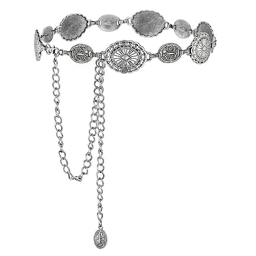 YooAi Western Chain Belt Vintage Concho Cowgirl Waist Chain Belt for Women Dresses Jeans Adjustable B-Silver 56 L