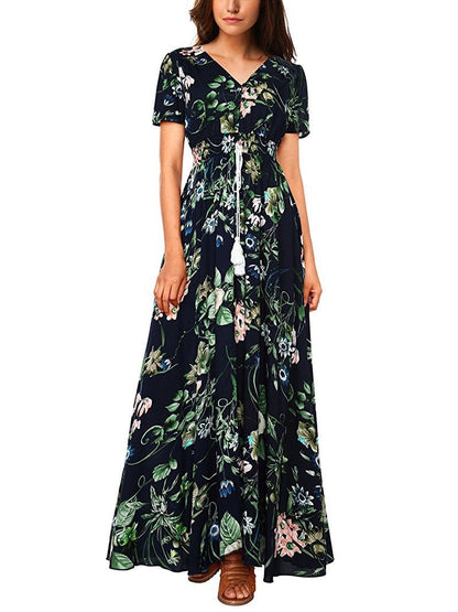 Boho Button Floral Maxi Dress – Summer Cotton Comfort