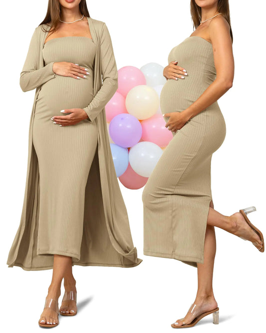 2-Piece Maternity Maxi Dress Set – Cardigan & Bodycon Photoshoot Outfit