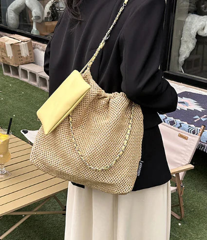 Versatile Straw Woven Chain Crossbody Bag