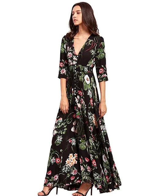 Boho Button Floral Maxi Dress – Summer Cotton Comfort