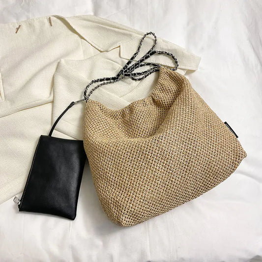 Versatile Straw Woven Chain Crossbody Bag