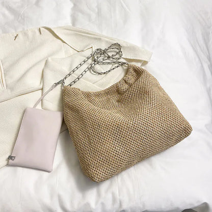 Versatile Straw Woven Chain Crossbody Bag