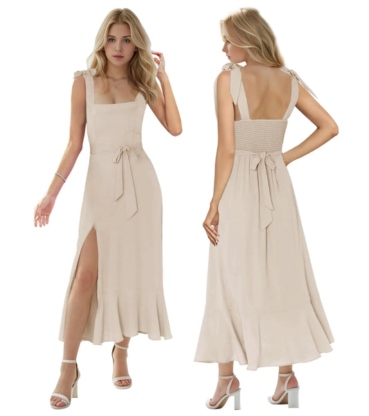 Champagne Slit Ruffle Midi Dress – Elegant Summer & Graduation Look