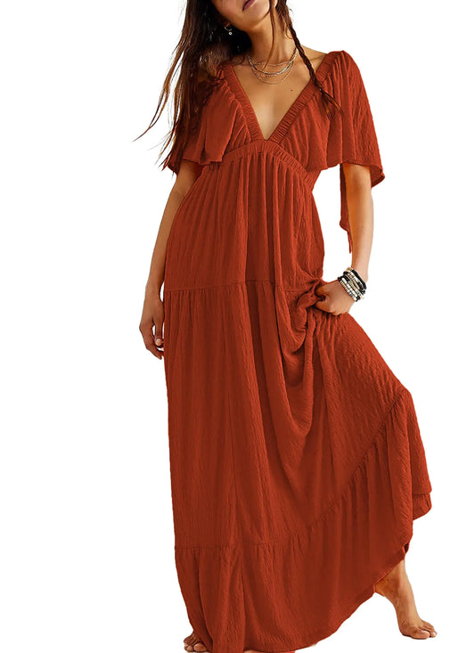 Kikibell Women’s Summer Maxi Dress – Boho V-Neck Open Back Maternity Dress