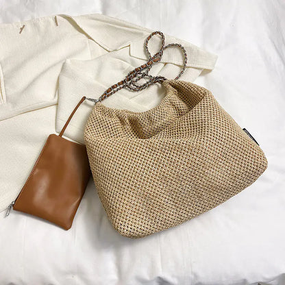 Versatile Straw Woven Chain Crossbody Bag